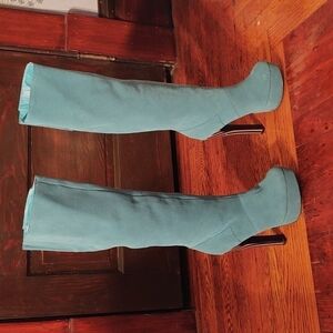 Colin Stuart Teal Suede Platform Boots with Striped Heels Sz 6